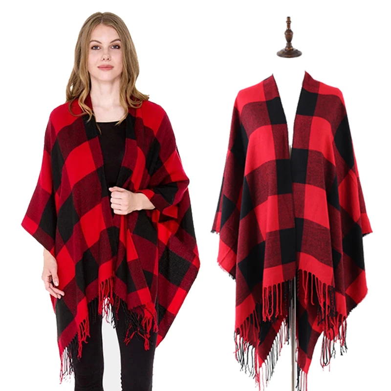 New Hot Winter Design Women Red Buffalo Plaid Blanket Poncho Cape Oversize Shawl Stole