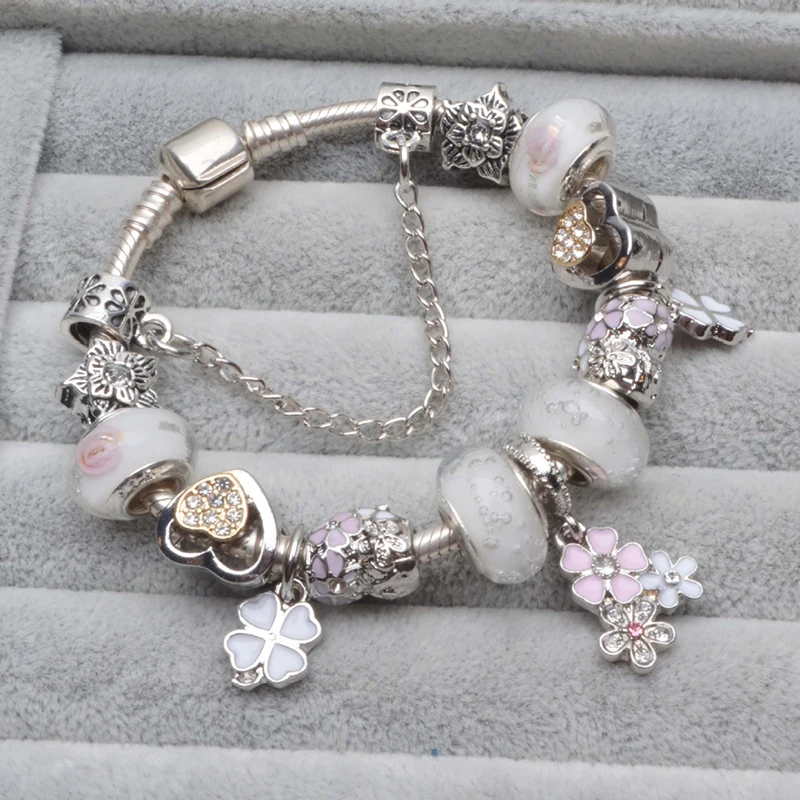 Cherry Blossoms Pendant Charm Bracelets With White Love Heart & Crystal Beads Brand Bracelets Bangles For Women Fashion Jewelry