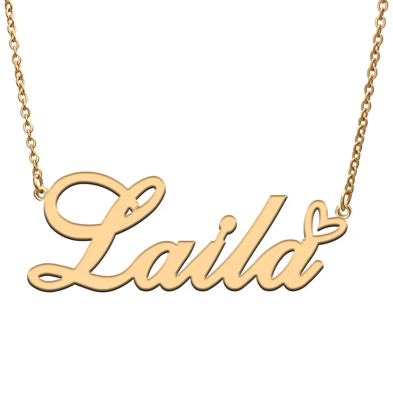 Laila Name with Love Heart Necklace for Women Stainless Steel Jewelry Nameplate Pendant Femme Mother Child Girls Gift