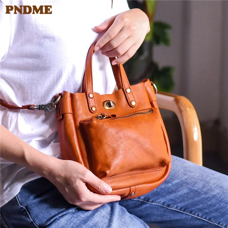 PNDME vintage casual genuine leather ladies small handbag designer luxury soft real cowhide wild women's cute shoulder bags