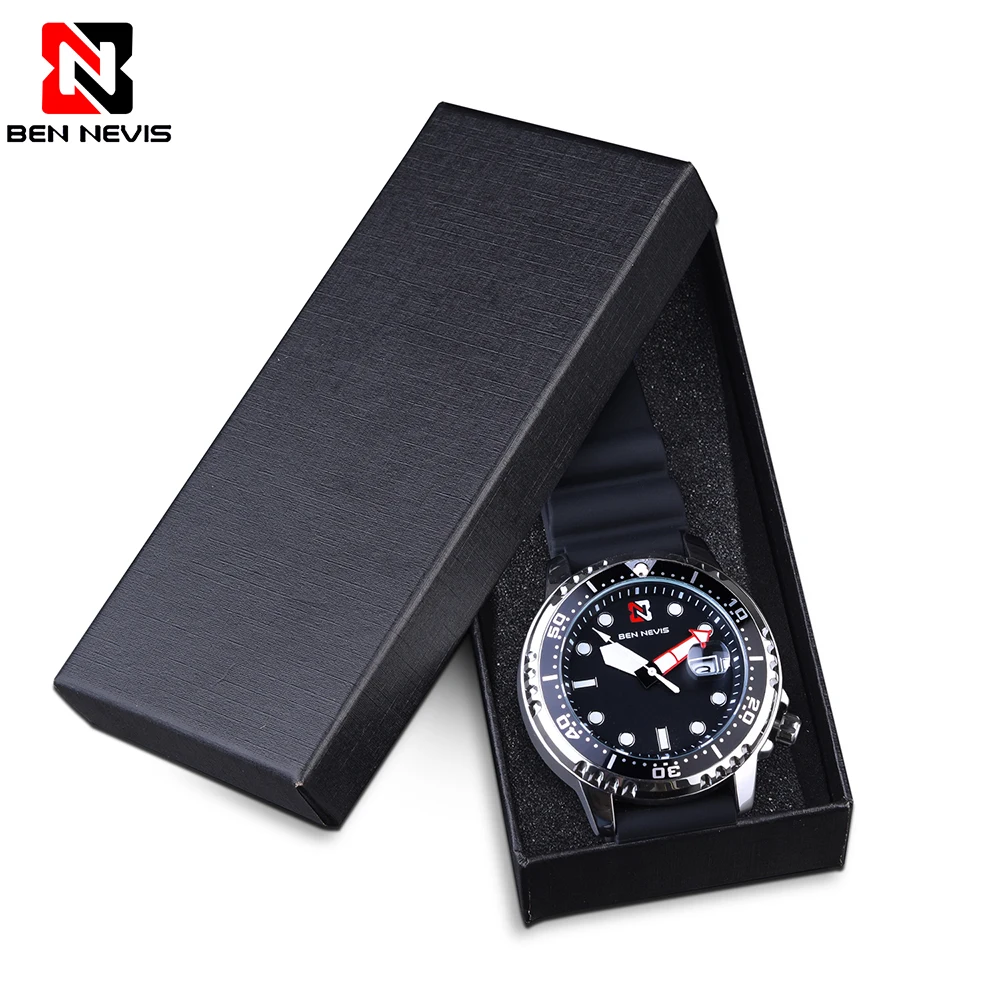 Men Sport Watch with Rubber Strap BEN NEVIS Black Waterproof Quartz Watches Male with Gift Box Luminous Hands Relógio Masculino