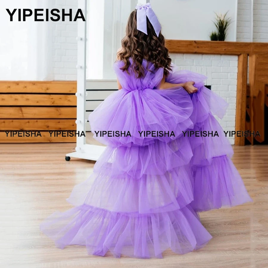 Yipeisha – robe bouffante en Tulle pour filles, tenue de concours, de Communion, d'anniversaire, à plusieurs niveaux, bijoux lavande