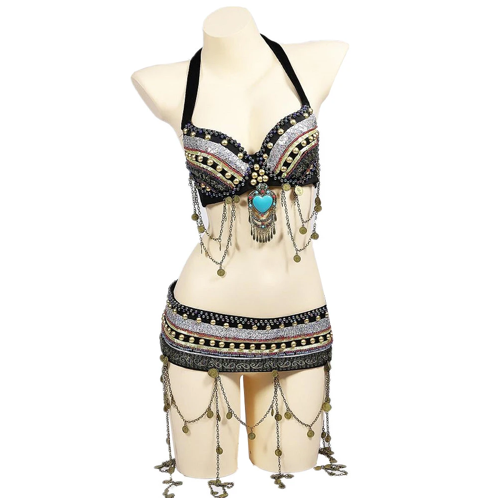 Size S-XL Beaded Outfit Women Tribal Belly Dance Costume 2 Pieces Set Zari Bra with Large Pendant Coins Bra Belt for Bellydance