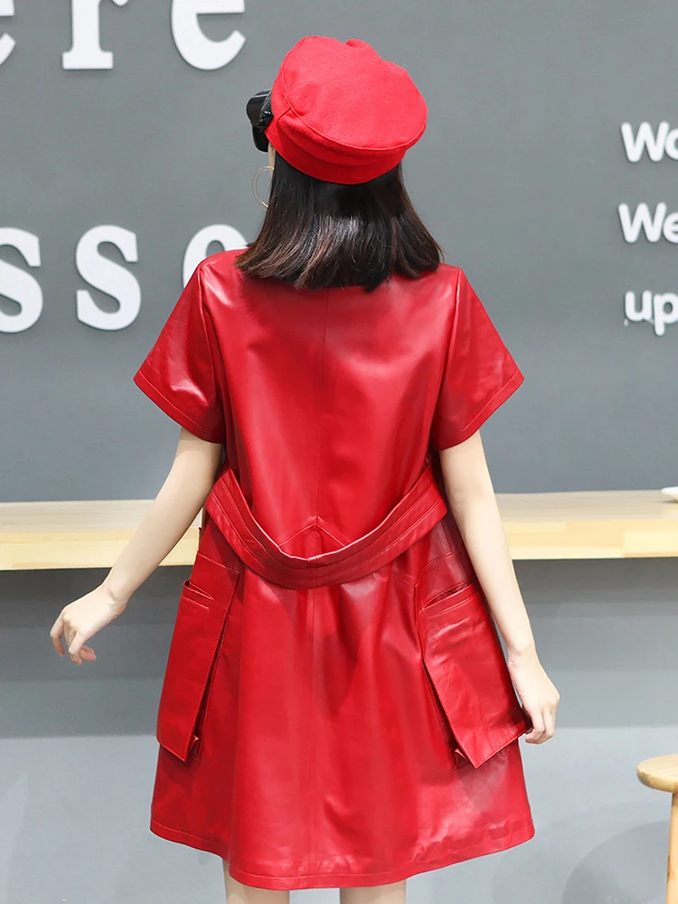 AYUNSUE Autumn Real Sheepskin Dress Women's Clothes Genuine Leather Dresses Femme Mid-long Red Leather Dress Roupas Femininas