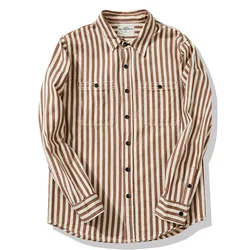 Amekaji Vintage Striped Work Shirt Men Spring Autumn New Washed Cotton Long Sleeve Workwear Shirts Streetwear Casual Couple Tops