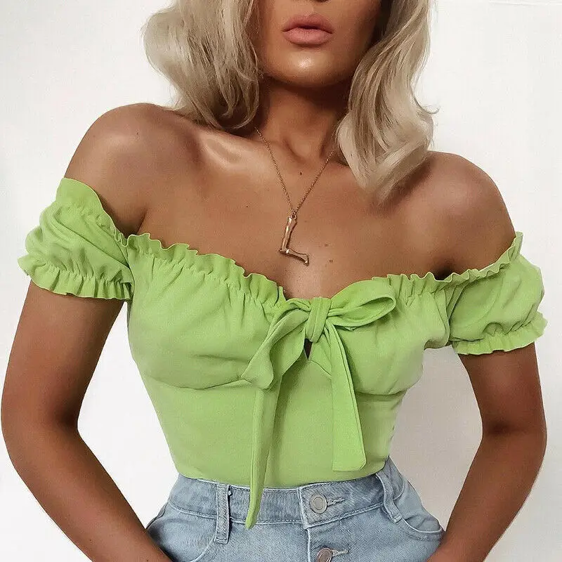  New Summer Women Off Shouler Short Sleeve Bodysuit Stretch Ruffles V-neck Bow Bodycon Playsuit Women Short Rompers Women