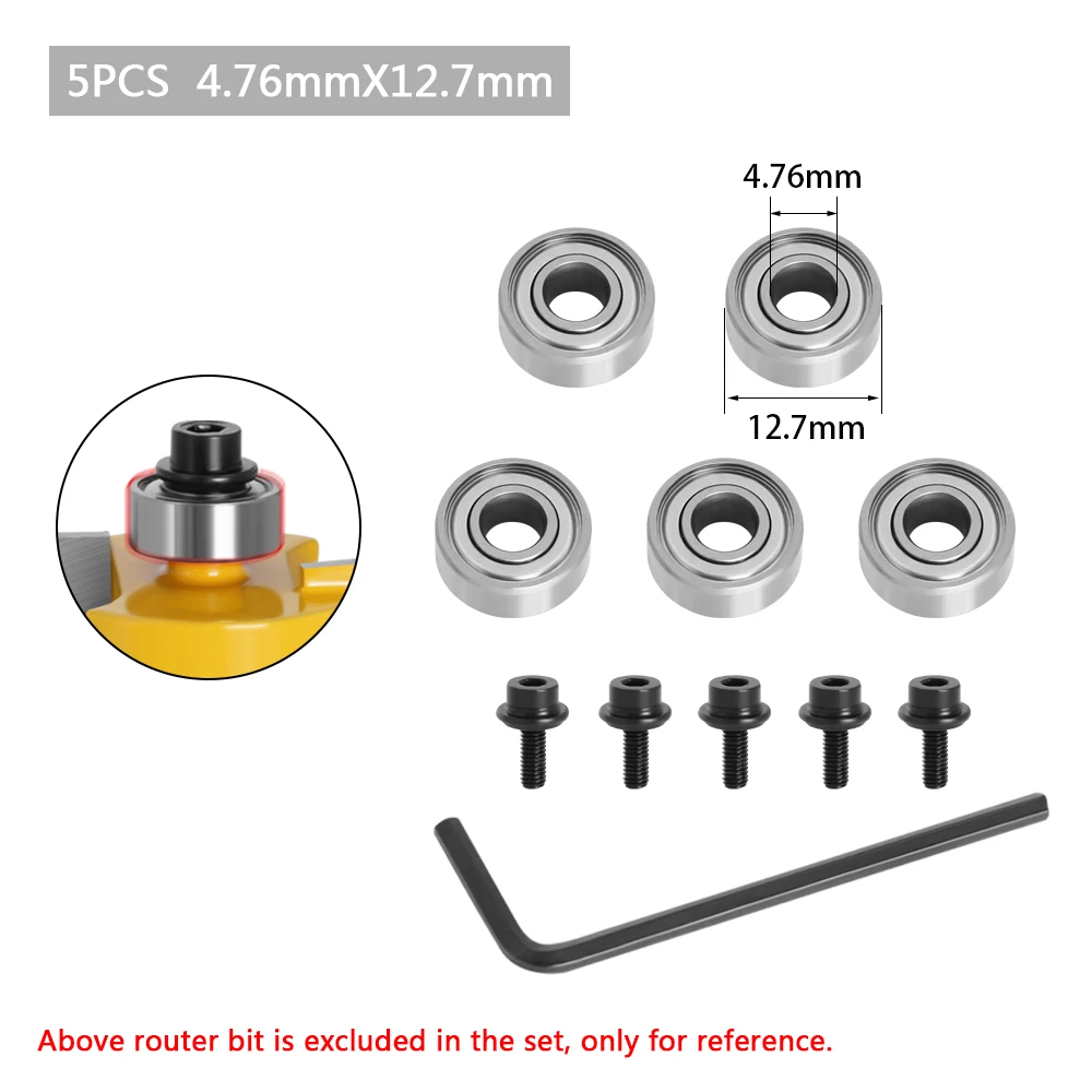 Durable Steel Bearings Accessories Kit Fits For Router Bits Heads And Shank Top Mounted 1/2, 3/8, 3/4 Bearing & Stop Ring