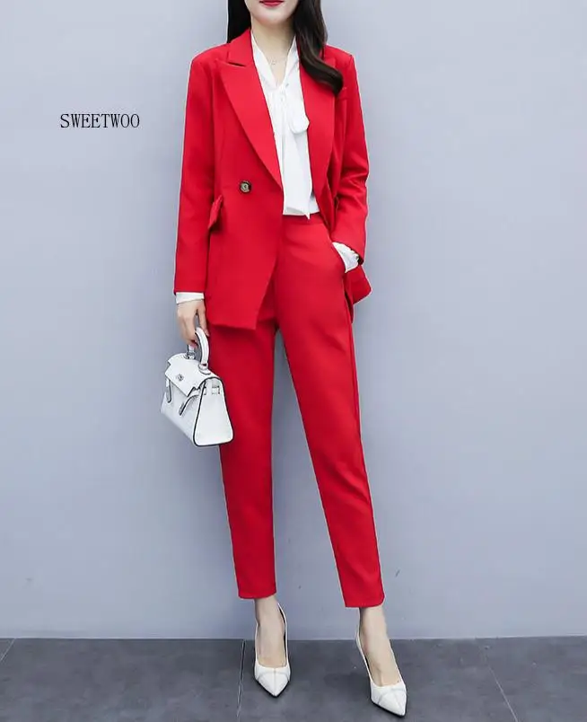 M-5XL Ukuran Besar Jas Wanita Celana Set Baru Musim Gugur dan Musim Dingin Kasual Profesional Merah Jaket Blazer Kasual Celana Set dari Dua