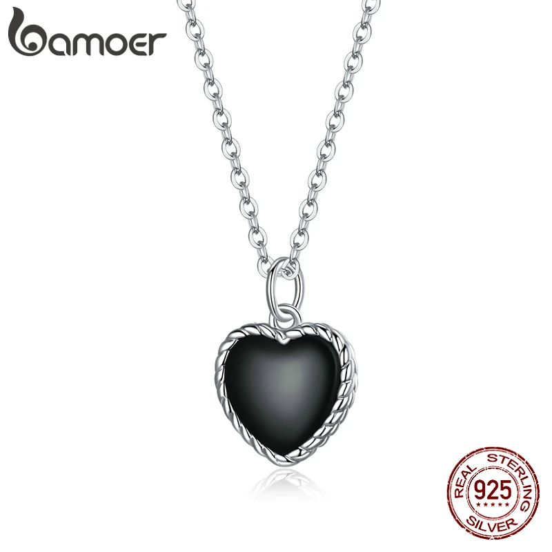 bamoer Real 925 Sterling Silver Black Heart Love Pendant Vintage Necklace Women Statement Collares Jewelry Gift Noble SCN443