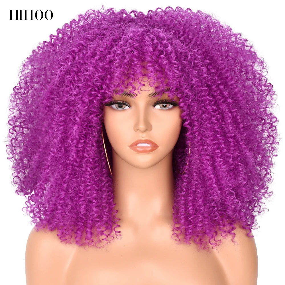 Short Wigs Afro Hair Kinky Curly Wigs With Bangs For Black Women Cosplay Lolita Blonde Wig Synthetic Blue White Purple