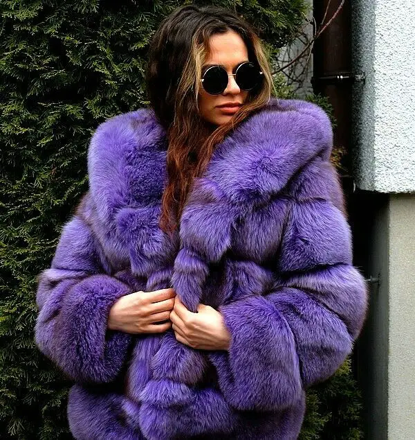 Fashion Purple Real Fox Fur Jacket with Hood Thick Warm Natural Fur Overcoat Luxury Woman Full Pelt Fox Fur Coats Winter Outwear