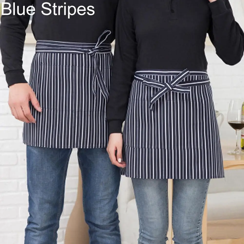 Apron Women Men Striped Plaid Half-Length Short Waist Apron with Pocket Catering Chef Waiter Bar Household Cleaning Tools 2021