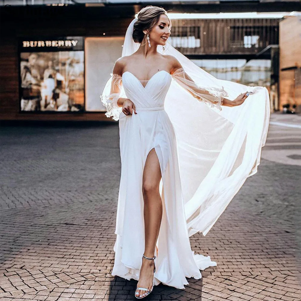 

Sweetheart Off the Shoulder Three Quarter Sleeve A-Line Split Backless Wedding Dress Custom Made Bridal Gowns