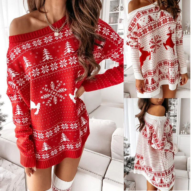 

Warm Women's Sweater Christmas Jacquard Knitted Dress Loose Fit Long Sleeve O-neck Dress For Autumn Winter Streetwear Y2k