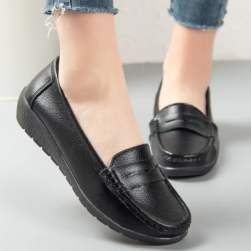 Women Flats Genuine Leather Shoes Woman Platform Casual Soft Women\'s Loafers Shallow Slip On Shoes Women Nurse Ladies Shoes