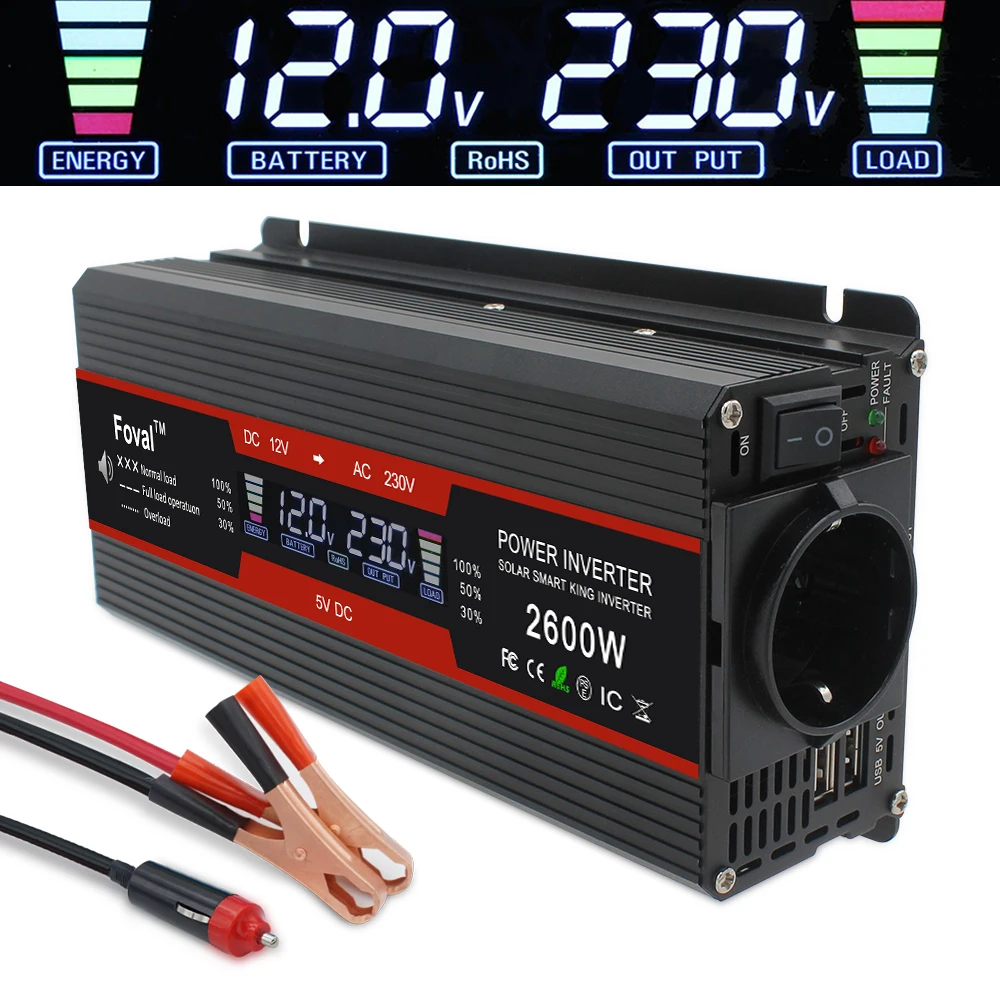 1500W/2000W/2600W Modified Sine Wave LCD display Power Inverter DC 12V to AC 220V Solar 2 USB Car Transformer Convert EU Socket