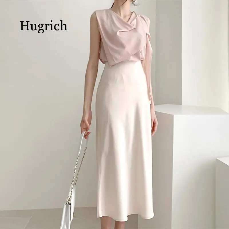 Elegant High Waist Satin Skirt Women Casual A-Line Midi Skirts Silk Slim Summer Autumn Skirt