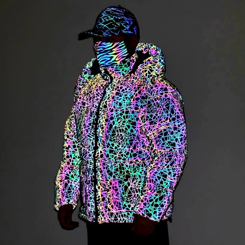 Winter Men Rainbow Reflective Hooded Parkas Down Cotton Jacket Luminous Clothing Street Nightclub Hip Hop Dance Cargo Outcoat