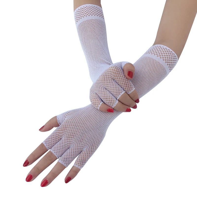 Guantes de malla Sexy para mujer, guante de codo de rejilla para mujer, guantes de medio dedo con agujeros ahuecados, disfraz de baile Disco, guante