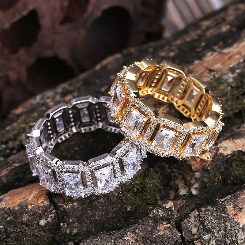 Hip Hop Micro Pave AAA Cubic Zirconia Bling Iced Out Round Finger Rings Dla Kobiet Mężczyzn Raper Biżuteria Rozmiar 7-11