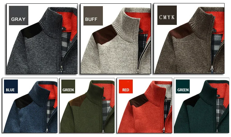 Herren-Pullover mit Viertelreißverschluss und Stehkragen, lässiger Strickpullover mit kontrastierenden Taschen-Schulterflicken, warmes Fleece-Futter für den Herbst – Detail 1