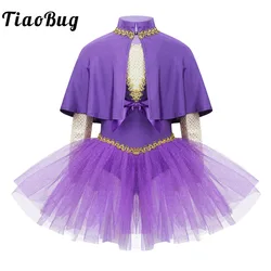 Kids Girls Dance Show Costume Halloween Cosplay Showman Fancy Dress up Trapeze Ruffle Leotard Outfit Cape Top with Ballet Tutu