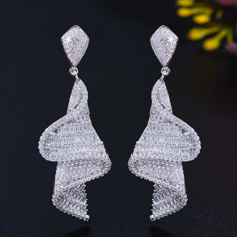 Zlxgirl jewelry White Cubic Zirconia Big Long Drop Earrings for Women Dubai Gold Color Bridal Jewelry fashion women earring ear