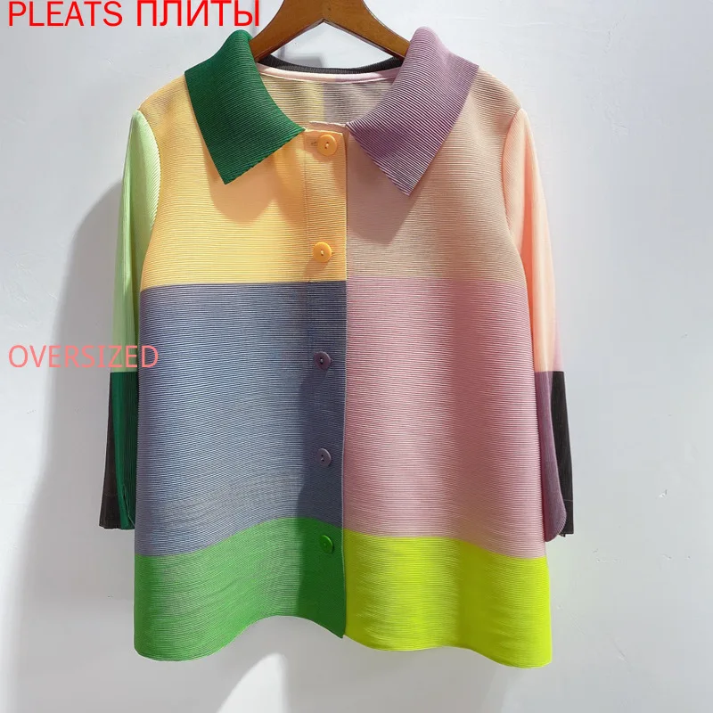 Miyake-Colorblock Single-Breasted Coat for Women, Pleated Vest, Female Jacket