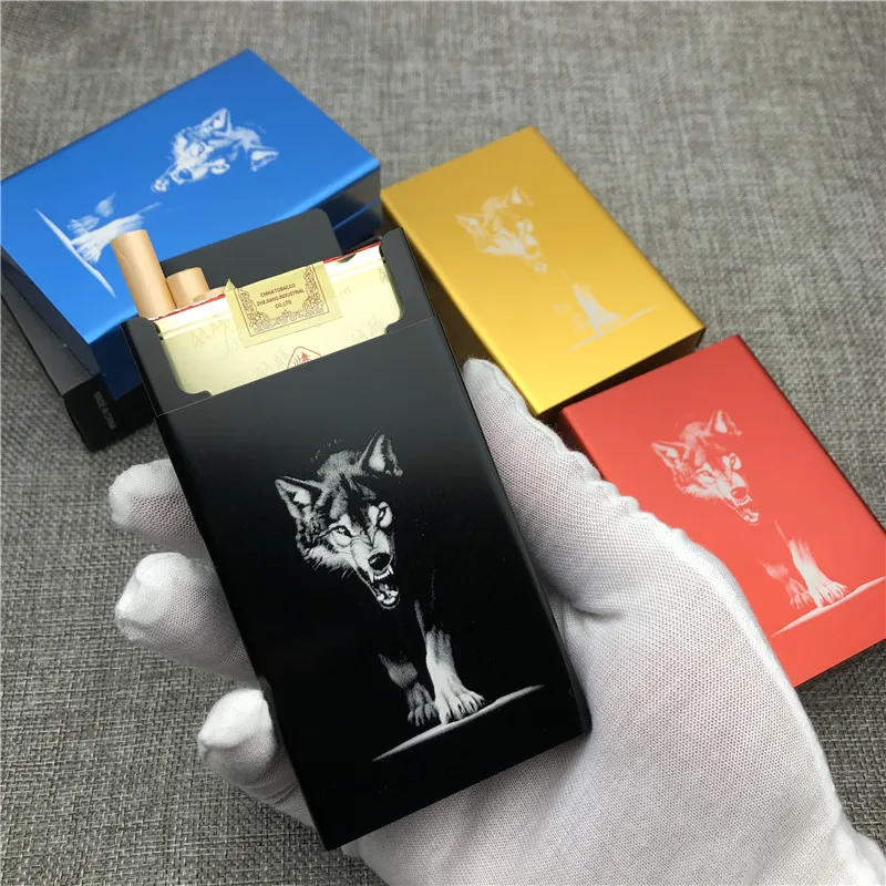 Personalized Customizd King Wolf Cigarette Case Boxes Ultra Thin Portable Aluminium Alloy Slide Cigarette Box Lion Tiger Dragon