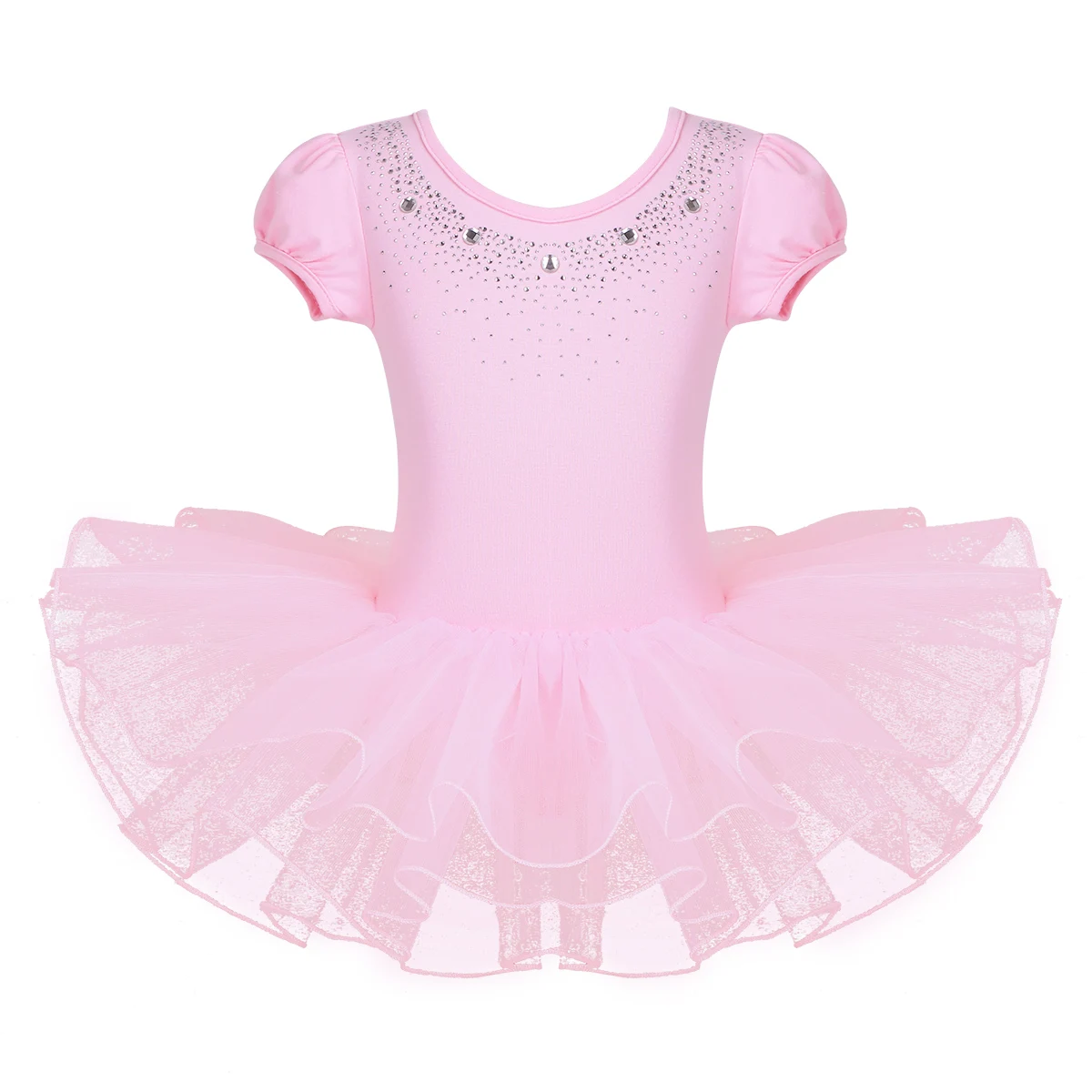 Kids Shiny Rhinestones Mesh Bubble Sleeve Dancewear Ballet Tutu Dress Girls Gymnastics Leotard Stage Performance Dance Costume