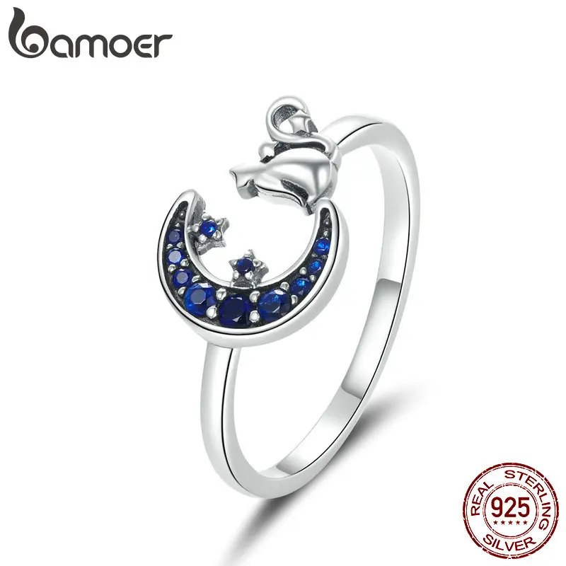 bamoer Moon & Cat Finger Rings for Women Adjustable 925 Sterling Silver Ring Spring New Collection Fashion Bijoux SCR677