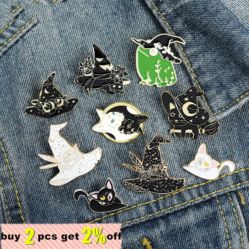 Witch Enamel Pins Collection Witch Hat and Cat Frog Pins Up Crescent Moon Black Gothic Lapel Pin Wiccan Brooches Witches Jewelry
