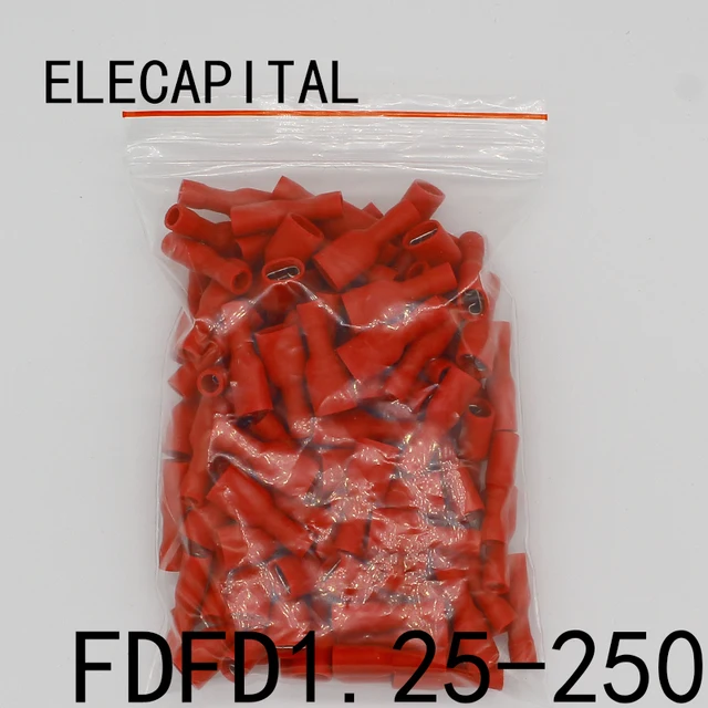 FDFD1-250 FDFD1.25-250 izolacyjne izolowane żeńskie izolowane elektryczne złącza zaciskowe złącze przewodu kablowego 100 sztuk/paczka FDFD