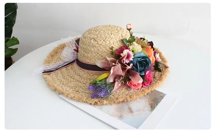 Bolso de playa de paja de ratán con flores Multicolor, traje de sombrero, Asa superior, bolso de mano para mujer, fotografía de vacaciones de verano