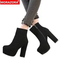 MORAZORA 2021 new top quality faux suede boots women high heels platform ankle boots for women zipper autumn winter shoes female