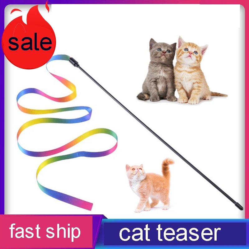 Cat Toys Funny Cat Teaser Rainbow Ribbon Cats Stick Toy Colorful Rod Teaser Wand Plastic Interactive Stick Cats Supplies