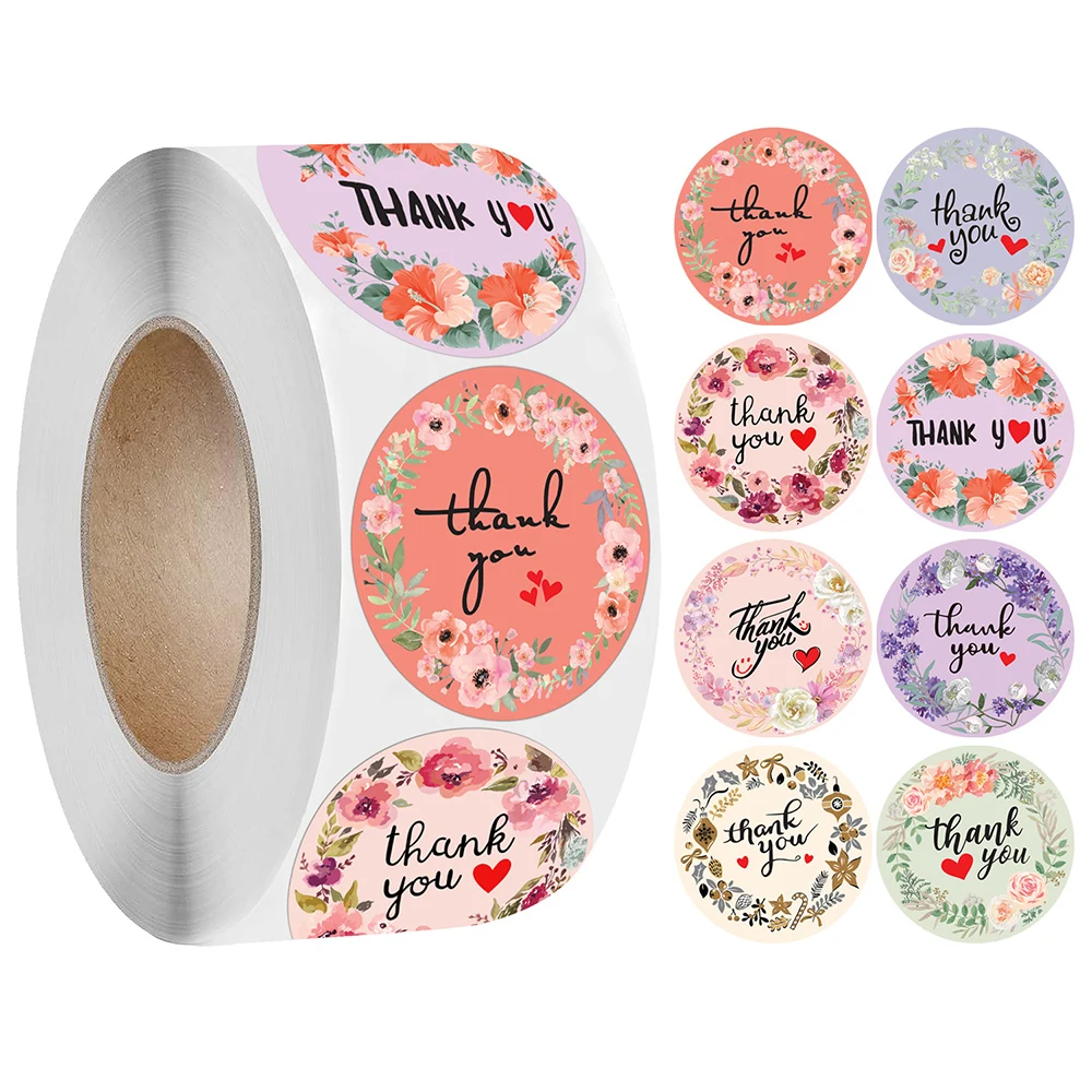 50-500pcs Vintage Flower Thank You Round Sealing Label Adhesive 1inch Kraft Seal Sticker For Baking Gift Stickers DIY Work