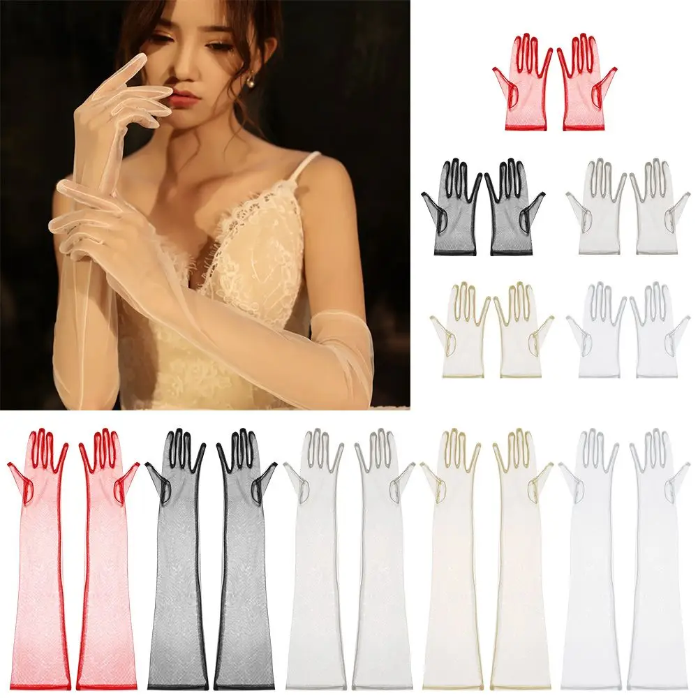 

1 Pair Women Ultra Thin Gloves Tulle Elbow Long Wedding Bride Dress Mittens Sheer Vintage Glove