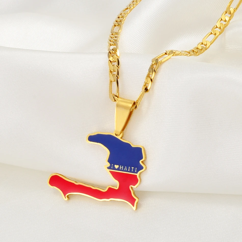 Anniyo Haiti Map Pendant Figaro Necklaces I LOVE HAITI Ayiti Gold Color Jewelry Haytian  #202621P