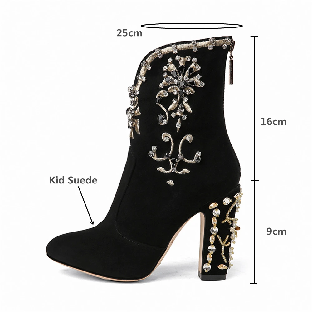 MILI-MIYA Fashion Women Kid Suede Ankle Boots Zipper Round Toe Crystal Square Heels Spring/Autumn Party Shoes Plus Size 34-43