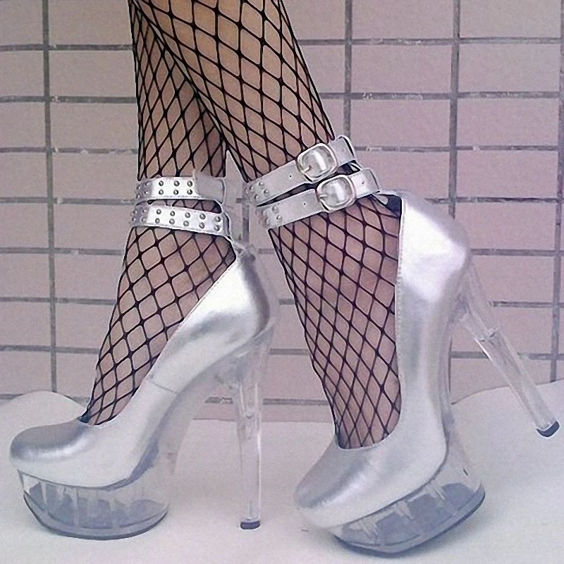 Fashion Silver Shallow Buckle strap Big Size Crystal Platform Pumps 15CM High heeled shoes Mature 6 inches Concise Elegant Party