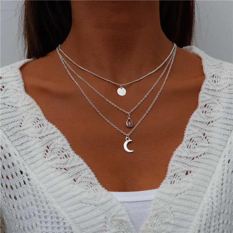 Tenande Bohemian Mehrschichtige Halskette für Frauen Vintage Wassertropfen Münze Stern Mond Anhänger Halskette Geometrisches Collier Collares – Detail 12