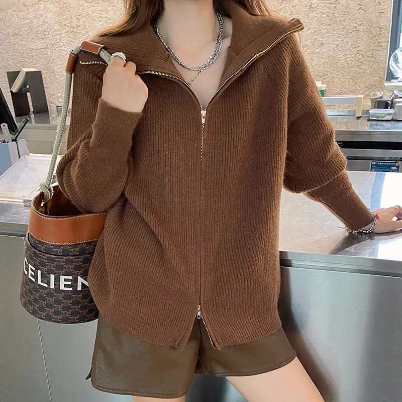 

Korean Fashion Loose-fitting Cardigans Women Elegant 2 Zippers Ribbed Sweater Multipurpose Long Cardigan Pull Femme Turtleneck