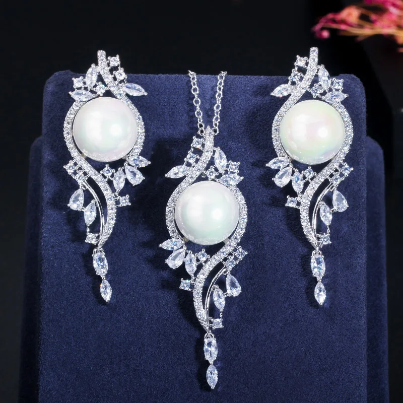 CWWZircons Elegant Design Green Cubic Zirconia Crystal Long Pearl Drop Earring Necklace Vintage Jewelry Set for Women T379