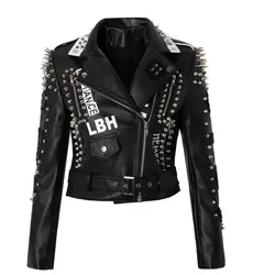 Women Rivet Punk Rock Rivet Leather Jackets With Eagle Printing Biker Jackets For Women Motorcycle Clothing