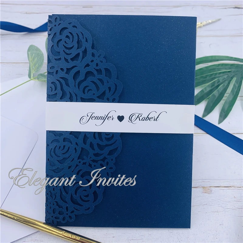 

3 Folds Dark Navy Laser Cut flowers Wedding Invitations Cards for Wedding Bridal Shower Engagement Birthday Graduation greeting