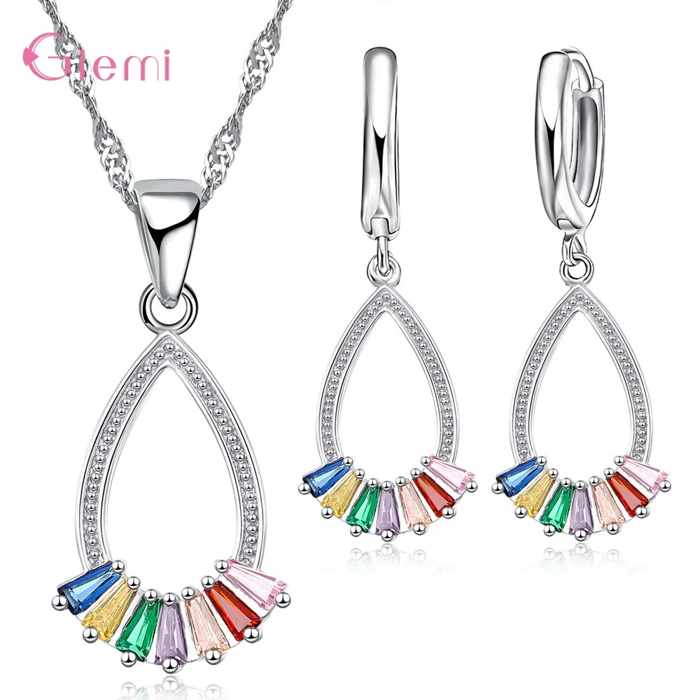 Trendy 925 Silver Color Jewelry Sets Classic Waterdrop Muti-colors Cubic Zircon Pendant Necklace Earrings Set Party Gift