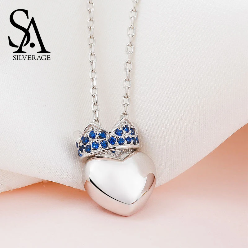 

SA SILVERAGE Heart Crown Pendants Necklaces for Women Fine Jewelry Rose Gold Color 925 Sterling Silver Necklaces With Zircon