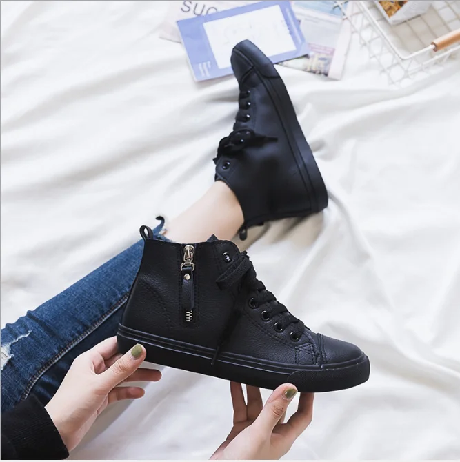 Women Sneakers 2020 New Spring Autumn Leather Men Casual Shoes White Zippers  Fashion Shoes High top Flats  Zapatos de mujer