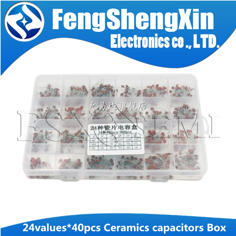 

24values*40pcs=960pcs 50V Ceramic Capacitor Assorted kit 2pF-100nF 104 Assortment Set + Box